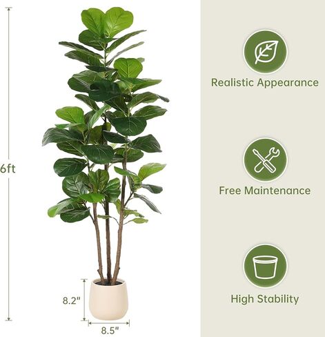 Realead 6ft Fiddle Leaf Fig Tree Artificial with Tall Exquisite Planter - Tall Faux Fiddle Leaf Fig Tree with Natural Trunk and Lifelike Leaves - Fake Fig Tree for Home Living Room Indoor Decor in Saudi Arabia