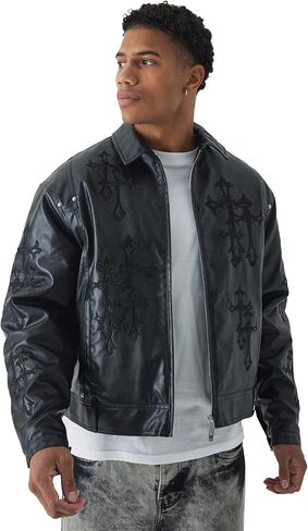 Cross Applique PU Bomber Jacket In Black in Saudi Arabia
