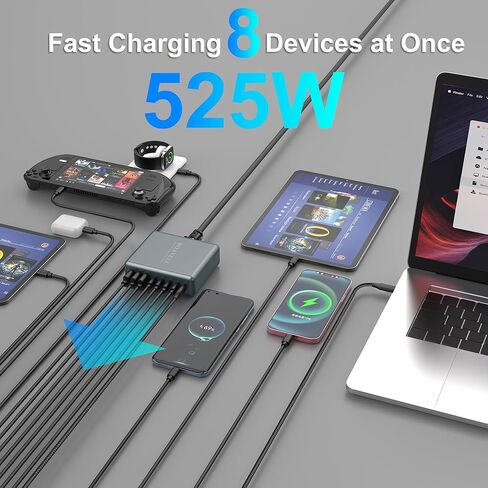 شاحن USB C، 6 منافذ GaN 285W USB C شاحن مع كابل شاحن USB C 5FT 100W، شاحن حائط USB C شحن سريع لأجهزة iPhone 16 15 14 وMacBook وiPad وGalaxy والمزيد in Saudi Arabia