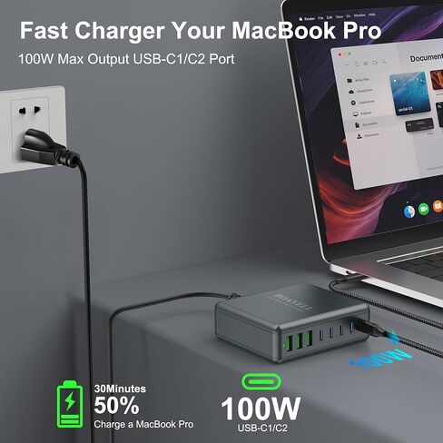 شاحن USB C، 6 منافذ GaN 285W USB C شاحن مع كابل شاحن USB C 5FT 100W، شاحن حائط USB C شحن سريع لأجهزة iPhone 16 15 14 وMacBook وiPad وGalaxy والمزيد in Saudi Arabia