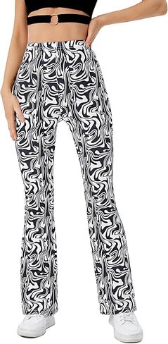 WDIRARA Women's Marble Print Elastic High Waist Flare Bell Bottom Pants in Saudi Arabia
