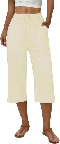 Women's Capri Pants Linen Summer Beach Casual Drawstring Wide Leg Lounge Palazzo Pant High Waist Trouser with Pockets in Saudi Arabia