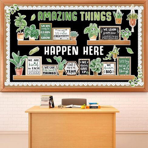 Spring Greenery Bookshelf Bulletin Board Motivational Quotes Potted Plant Cutouts Amazing Things Happen Here Classroom Bulletin Board Decoration for Back to School Chalkboard Wall Door Decorations in Saudi Arabia