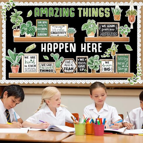 Spring Greenery Bookshelf Bulletin Board Motivational Quotes Potted Plant Cutouts Amazing Things Happen Here Classroom Bulletin Board Decoration for Back to School Chalkboard Wall Door Decorations in Saudi Arabia