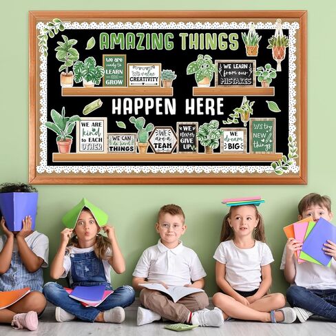 Spring Greenery Bookshelf Bulletin Board Motivational Quotes Potted Plant Cutouts Amazing Things Happen Here Classroom Bulletin Board Decoration for Back to School Chalkboard Wall Door Decorations in Saudi Arabia