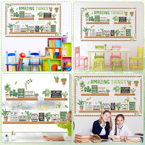 Spring Greenery Bookshelf Bulletin Board Motivational Quotes Potted Plant Cutouts Amazing Things Happen Here Classroom Bulletin Board Decoration for Back to School Chalkboard Wall Door Decorations in Saudi Arabia