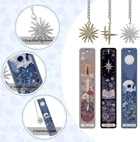 Gothic Tarot Bookmarks Gifts - 3PCS Funny Bookmarks for Women, Tarot Reading Accessories for Book Lovers, Horror Sun Moon Star Halloween Christmas Birthday Gifts for Friends Bookish in Kuwait