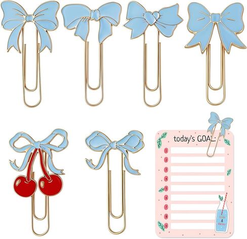 6 Pcs Cute Planner Accessories Blue Bow Paper Clip Large Metal Coquette Paper Clip Charms Preppy Cherry Planner Bookmarks for Office Home Supplies Gifts Wedding Valentine Decor in Kuwait