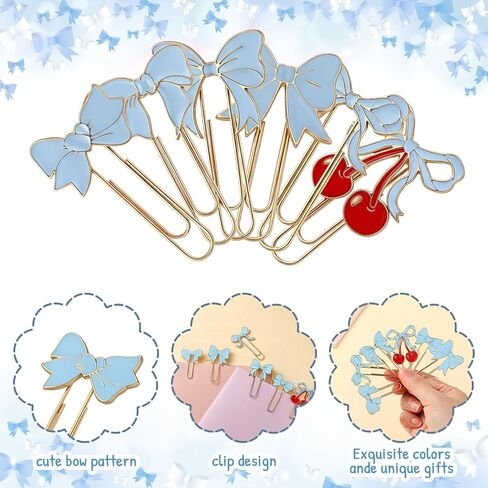 6 Pcs Cute Planner Accessories Blue Bow Paper Clip Large Metal Coquette Paper Clip Charms Preppy Cherry Planner Bookmarks for Office Home Supplies Gifts Wedding Valentine Decor in Kuwait