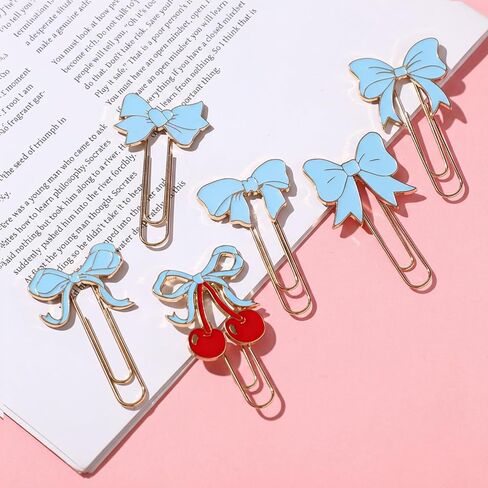 6 Pcs Cute Planner Accessories Blue Bow Paper Clip Large Metal Coquette Paper Clip Charms Preppy Cherry Planner Bookmarks for Office Home Supplies Gifts Wedding Valentine Decor in Kuwait