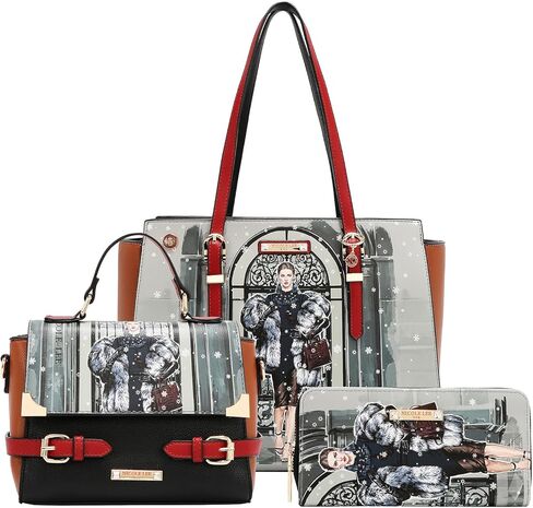 Nicole Lee Moda Snowflake Shopper 3 Piece Set, Vegan Pebbled Leather, Handbag with Dual Handles, Crossbody, Wallet in Kuwait