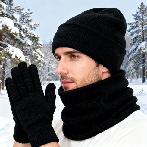 Winter Beanie Hat Scarf Gloves Set for Men Women Beanie Gloves Neck Warmer Set Warm Knit Fleece Lined Skull Cap in Kuwait