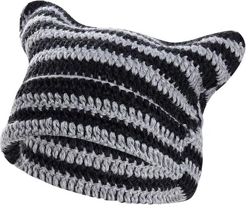 Crochet Cat Ear Beanie Hat Stripes Goth Knit Striped Winter Warm Cap for Men Women Festival Holiday as Gift Black in Saudi Arabia
