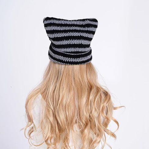 Crochet Cat Ear Beanie Hat Stripes Goth Knit Striped Winter Warm Cap for Men Women Festival Holiday as Gift Black in Saudi Arabia