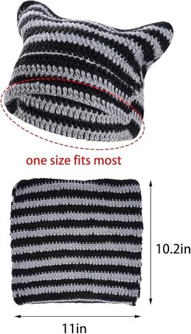 Crochet Cat Ear Beanie Hat Stripes Goth Knit Striped Winter Warm Cap for Men Women Festival Holiday as Gift Black in Saudi Arabia