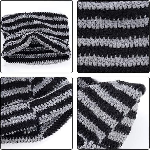 Crochet Cat Ear Beanie Hat Stripes Goth Knit Striped Winter Warm Cap for Men Women Festival Holiday as Gift Black in Saudi Arabia