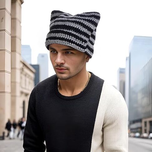 Crochet Cat Ear Beanie Hat Stripes Goth Knit Striped Winter Warm Cap for Men Women Festival Holiday as Gift Black in Saudi Arabia