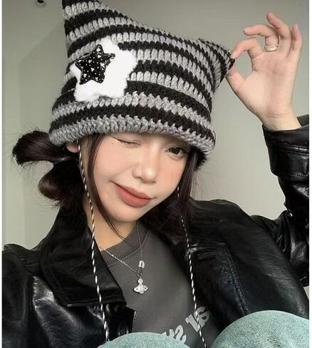 Crochet Cat Ear Beanie Hat Stripes Goth Knit Striped Winter Warm Cap for Men Women Festival Holiday as Gift Black in Saudi Arabia