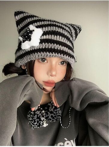Crochet Cat Ear Beanie Hat Stripes Goth Knit Striped Winter Warm Cap for Men Women Festival Holiday as Gift Black in Saudi Arabia