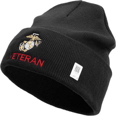 Marine Veteran Logo Embroidered 12 Inch Solid Knit Cuff Long Beanie Made in USA in Saudi Arabia