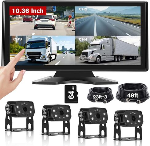 RV Backup Camera System, 10.36" Touch Monitor with Blind Spot Detection, 64GB Card, DVR Loop Recording, Music Video Play, 4 1080P IP69 Waterproof & IR Nightvision Camera for Semi Truck Trailer Camper in Kuwait