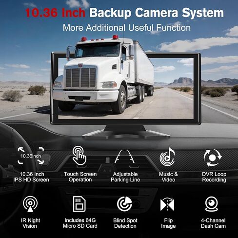 RV Backup Camera System, 10.36" Touch Monitor with Blind Spot Detection, 64GB Card, DVR Loop Recording, Music Video Play, 4 1080P IP69 Waterproof & IR Nightvision Camera for Semi Truck Trailer Camper in Kuwait