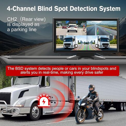 RV Backup Camera System, 10.36" Touch Monitor with Blind Spot Detection, 64GB Card, DVR Loop Recording, Music Video Play, 4 1080P IP69 Waterproof & IR Nightvision Camera for Semi Truck Trailer Camper in Kuwait