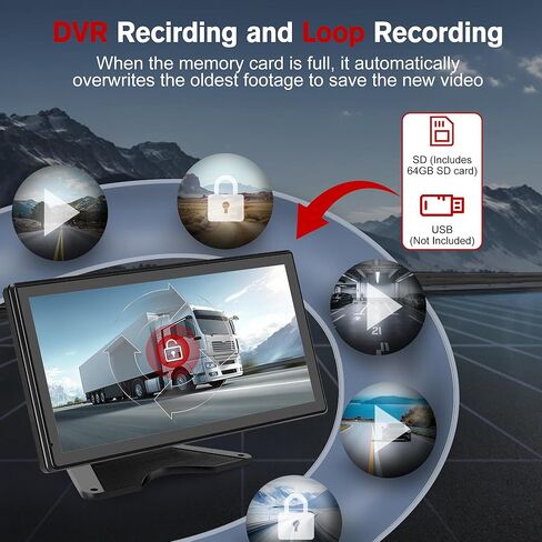 RV Backup Camera System, 10.36" Touch Monitor with Blind Spot Detection, 64GB Card, DVR Loop Recording, Music Video Play, 4 1080P IP69 Waterproof & IR Nightvision Camera for Semi Truck Trailer Camper in Kuwait