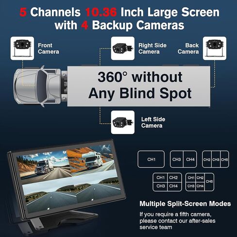 RV Backup Camera System, 10.36" Touch Monitor with Blind Spot Detection, 64GB Card, DVR Loop Recording, Music Video Play, 4 1080P IP69 Waterproof & IR Nightvision Camera for Semi Truck Trailer Camper in Kuwait