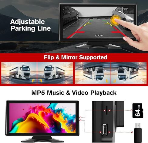 RV Backup Camera System, 10.36" Touch Monitor with Blind Spot Detection, 64GB Card, DVR Loop Recording, Music Video Play, 4 1080P IP69 Waterproof & IR Nightvision Camera for Semi Truck Trailer Camper in Kuwait