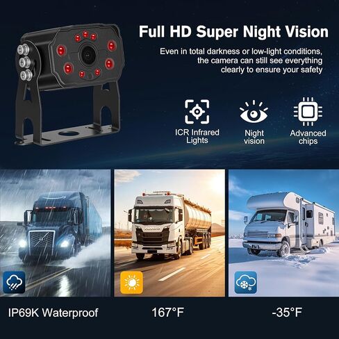 RV Backup Camera System, 10.36" Touch Monitor with Blind Spot Detection, 64GB Card, DVR Loop Recording, Music Video Play, 4 1080P IP69 Waterproof & IR Nightvision Camera for Semi Truck Trailer Camper in Kuwait