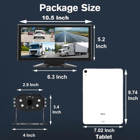 RV Backup Camera System, 10.36" Touch Monitor with Blind Spot Detection, 64GB Card, DVR Loop Recording, Music Video Play, 4 1080P IP69 Waterproof & IR Nightvision Camera for Semi Truck Trailer Camper in Kuwait