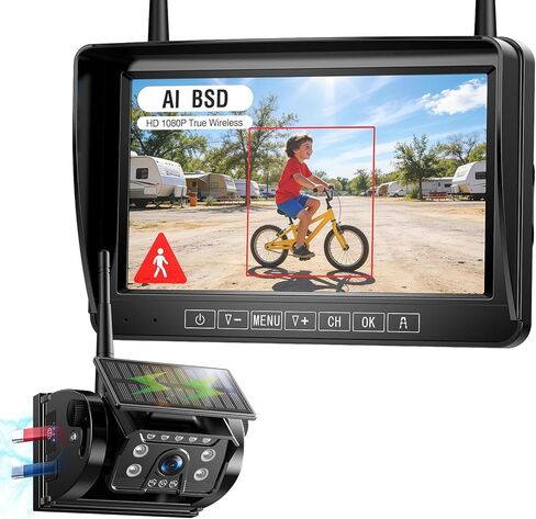 Fookoo Magnetic Solar Wireless Backup Camera: Portable 7" DVR Monitor with BSD 1 Min Install HD 1080P Rear View Camera Night Vision Rechargeable Dual Split for Truck Pickup RV Camper Tractor DTC701 in Kuwait
