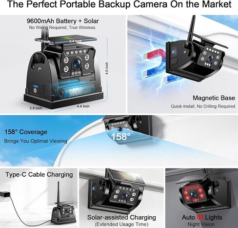 Fookoo Magnetic Solar Wireless Backup Camera: Portable 7" DVR Monitor with BSD 1 Min Install HD 1080P Rear View Camera Night Vision Rechargeable Dual Split for Truck Pickup RV Camper Tractor DTC701 in Kuwait