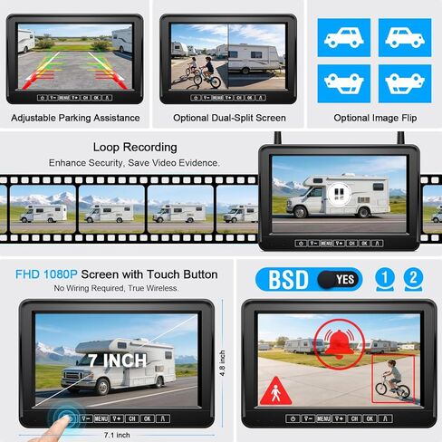 Fookoo Magnetic Solar Wireless Backup Camera: Portable 7" DVR Monitor with BSD 1 Min Install HD 1080P Rear View Camera Night Vision Rechargeable Dual Split for Truck Pickup RV Camper Tractor DTC701 in Kuwait