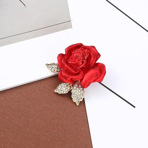 Rose Flower Brooch Pin, 3D Rose Pin Elegant Crystal Costume Jewelry Brooch Pins Vintage Red Brooches 3D Floral Dress Accessories for Lady Costume Suit Dainty Dress Accessories in Saudi Arabia