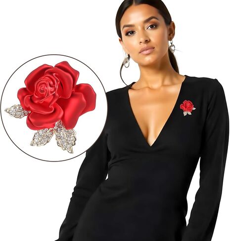 Rose Flower Brooch Pin, 3D Rose Pin Elegant Crystal Costume Jewelry Brooch Pins Vintage Red Brooches 3D Floral Dress Accessories for Lady Costume Suit Dainty Dress Accessories in Saudi Arabia