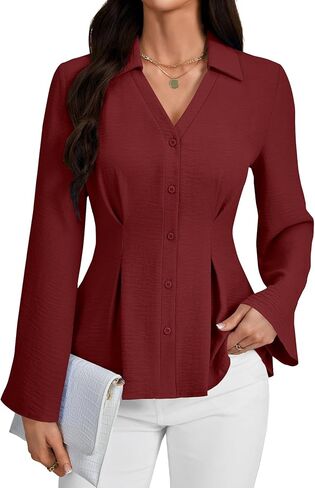 Rooscier Women's Collared V Neck Button Down Pleated Bell Long Sleeve Business Blouses Tops in Saudi Arabia