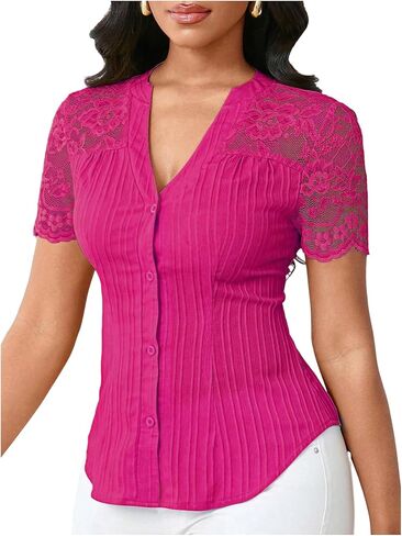 Floerns Women's Dressy Floral Lace Patchwork Button Down Shirts Short Sleeve V Neck Casual Blouses in Saudi Arabia