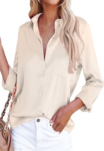 OMZIN Womens Long Sleeve Flowy Workwear Satin Deep V Neck Shirt Solid Color Business Casual Blouse in Kuwait