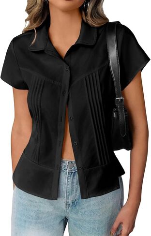 Womens Short Sleeve Button Down Shirts Pleated Slim Fit Summer Dressy Casual Blouses in Saudi Arabia