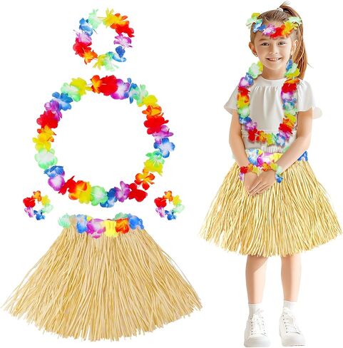 Fortuning's JDS Girl's Hawaiian Hula Grass Skirt with Flowers Costume Set Raffia Skirt for Luau Tropical Beach Party in Kuwait