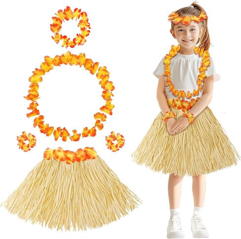 Fortuning's JDS Girl's Hawaiian Hula Grass Skirt with Flowers Costume Set Raffia Skirt for Luau Tropical Beach Party in Saudi Arabia