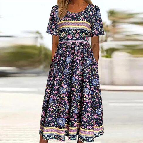 Women's Summer Pocket Floral Print Short-Sleeve Round Neck Dress in Saudi Arabia
