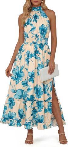 فستان نسائي صيفي برقبة رسن من Wenrine فستان طويل طويل مزهّر للعطلات فساتين بوهو للشمس رسمية متدفقة للسفر وحفلات الزفاف in Kuwait