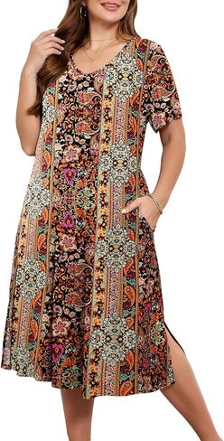 BELAROI Women Plus Size Dresses Summer Casual Midi Tshirt Dress V Neck Short Sleeve Long Maxi Side Split Pockets in Kuwait