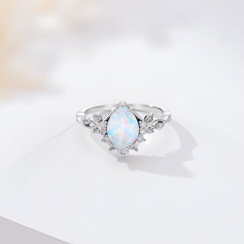 1.5 Carat 925 Sterling Silver Pear Shaped Opal Engagement Rings for Women Leaf Genuine Opal Promise Wedding Ring for Her in Kuwait