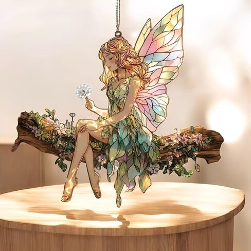 1PC Fairy on Branch Acrylic Suncatcher Hanging, 7.08 inch Window Decor with Printed Stained Glass Style Design, Rainbow Maker Wall Art, Gift Idea & Garden Ornament Indoor Outdoor Use/YX-11 in Saudi Arabia