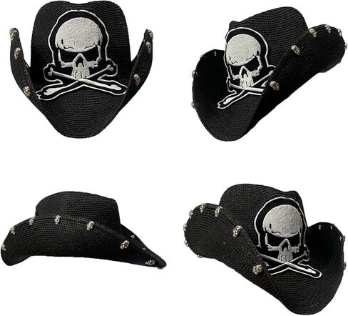 Lightweight Punk Straw Weaving Hat for Women Men Breathable Cowboy Cap with Embroidery Skull Cap Cattlema in Kuwait