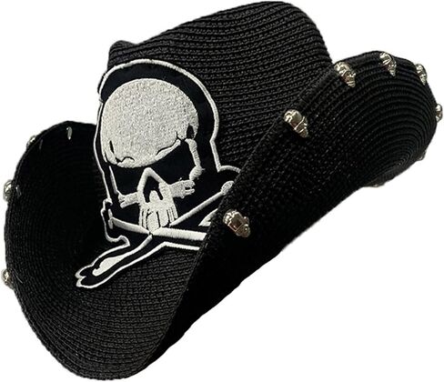 Lightweight Punk Straw Weaving Hat for Women Men Breathable Cowboy Cap with Embroidery Skull Cap Cattlema in Kuwait